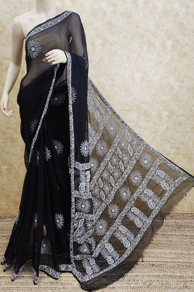 Black Colour Hand Embroidered Lucknowi Chikankari Saree ( With Blouse - Georgette ) MC251740
